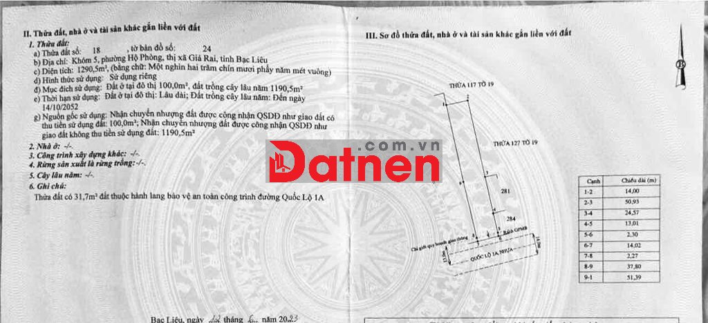 Chủ cần bán đất mặt tiền Quốc lộ 1A phường hộ Phòng