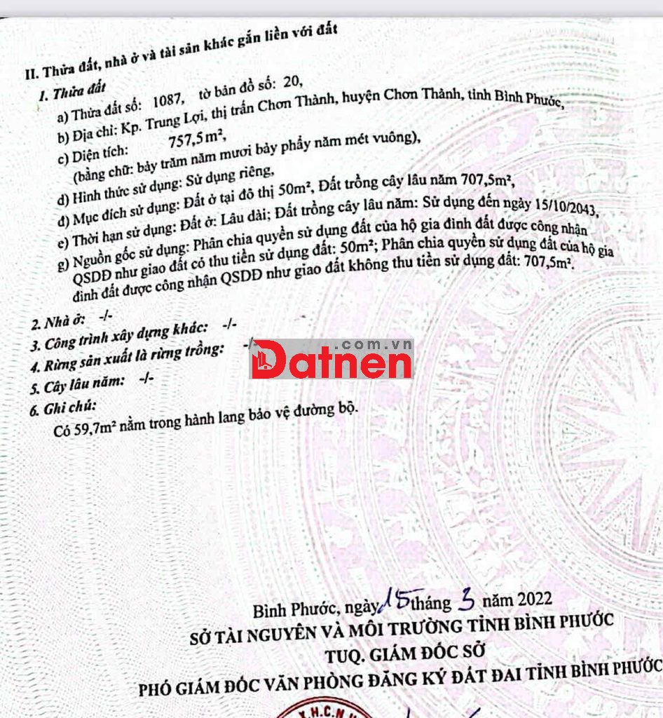 Ngân hàng thanh lý lô đất 757,5m2 có 50m2 đất ở tại TT Chơn Thành