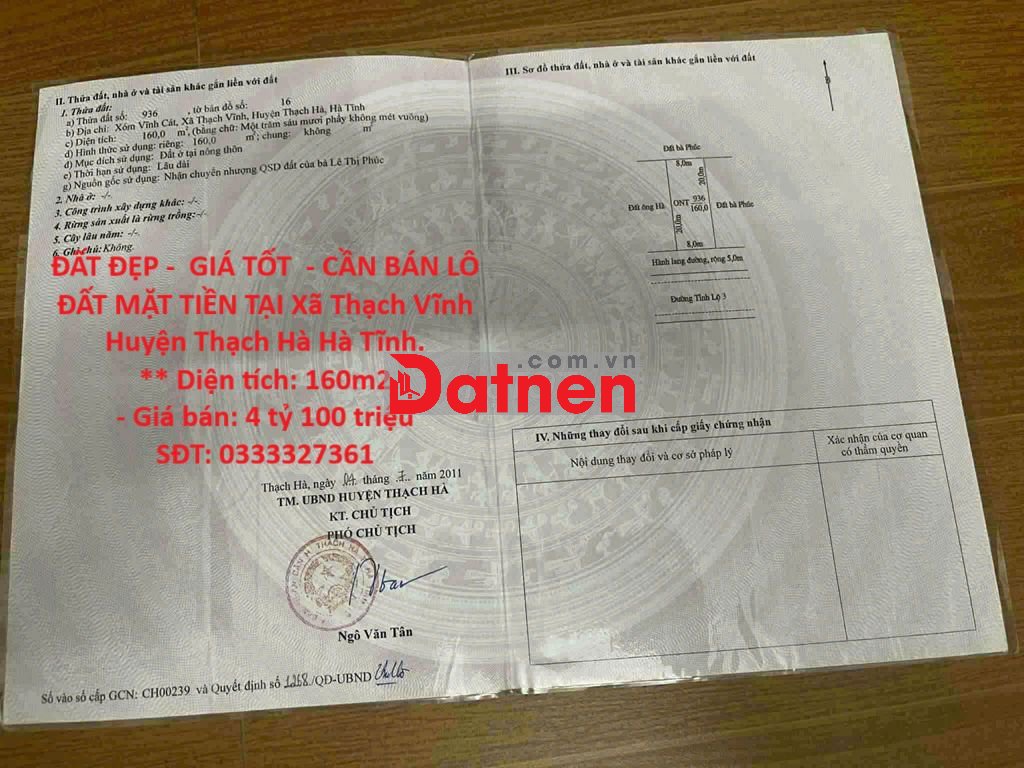 CẦN BÁN LÔ ĐẤT MẶT TIỀN TẠI Xã Thạch Vĩnh Huyện Thạch Hà Hà Tĩnh.