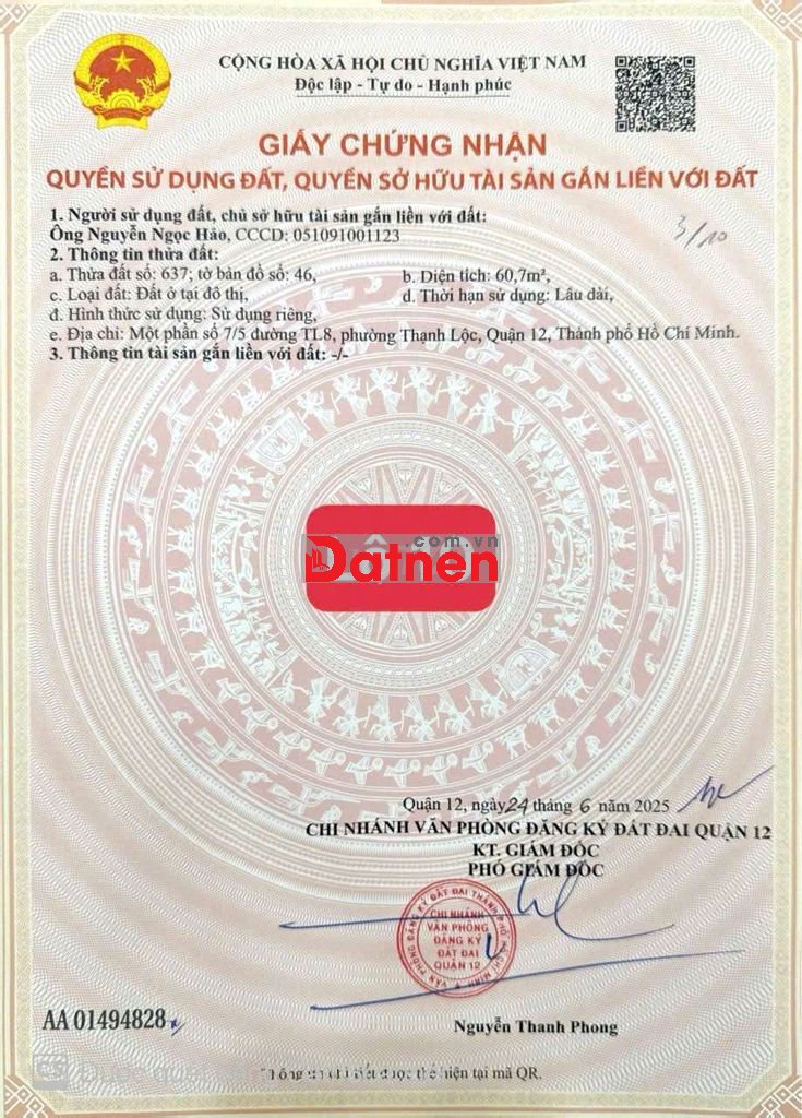 Bán lô đất thổ cư khu vip ngay Bên Xưa Q12 giáp GV