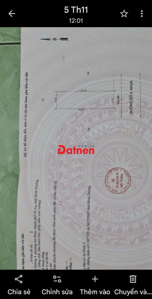 Bán đất 4,5x15 full tc-đg số 6- kp bình đường 4-P.an bình-Tp.dĩ an-BD