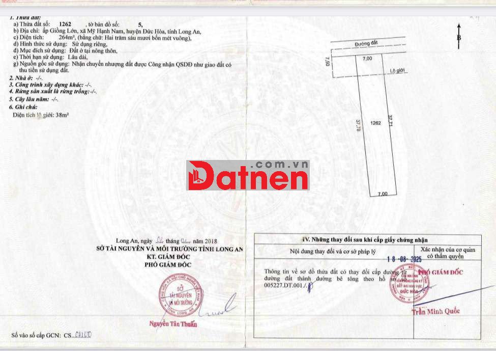 Đất SHR 7x38m full thổ cư, đường xe hơi