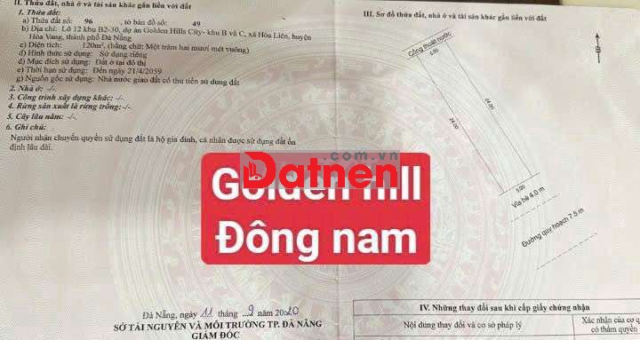 bán đất đẹp golden hill Đà Nẵng. 120m2 đg 7m5 giá chỉ 3,450 tỷ