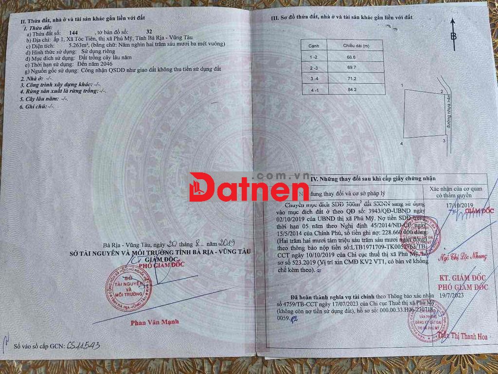 LÔ NHÌ MT ĐƯỜNG PHÚ MỸ TÓC TIÊN 5300M2 18 TỶ