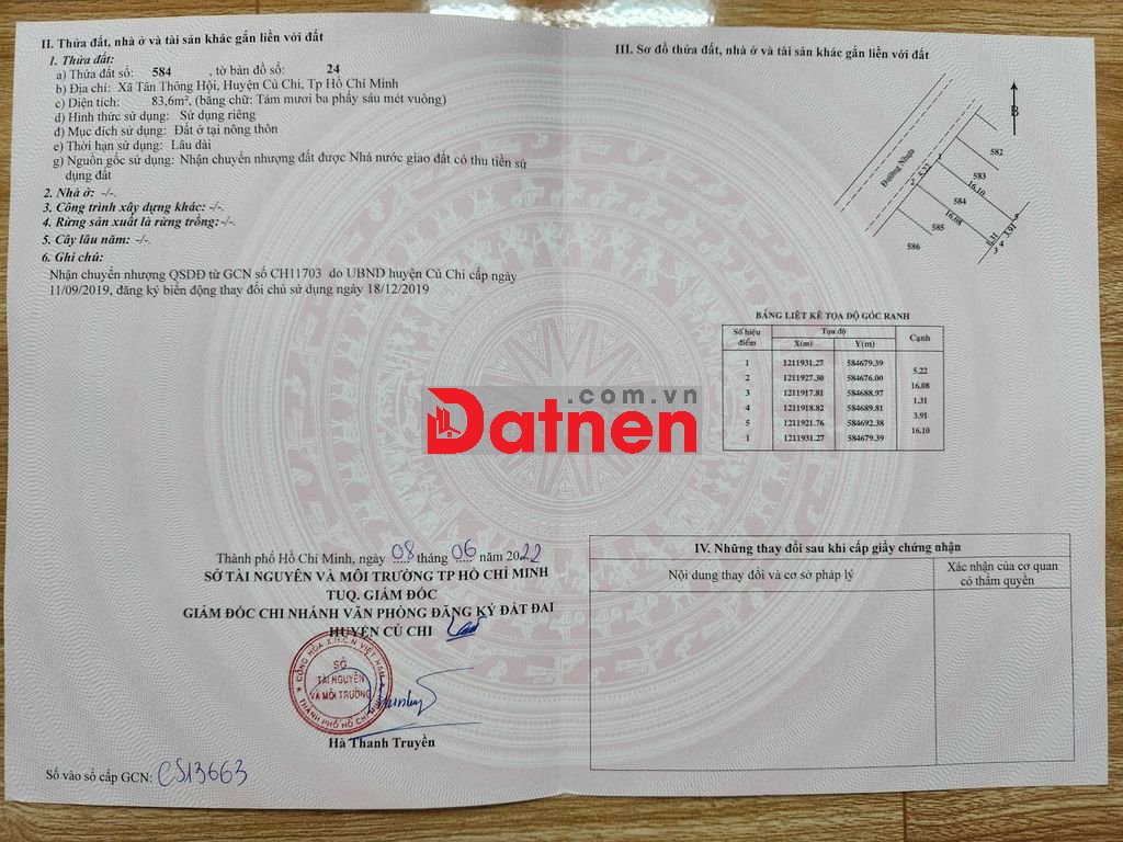 Đất thổ cư 83,6m2 ngay Suối Lội, xã Củ Chi