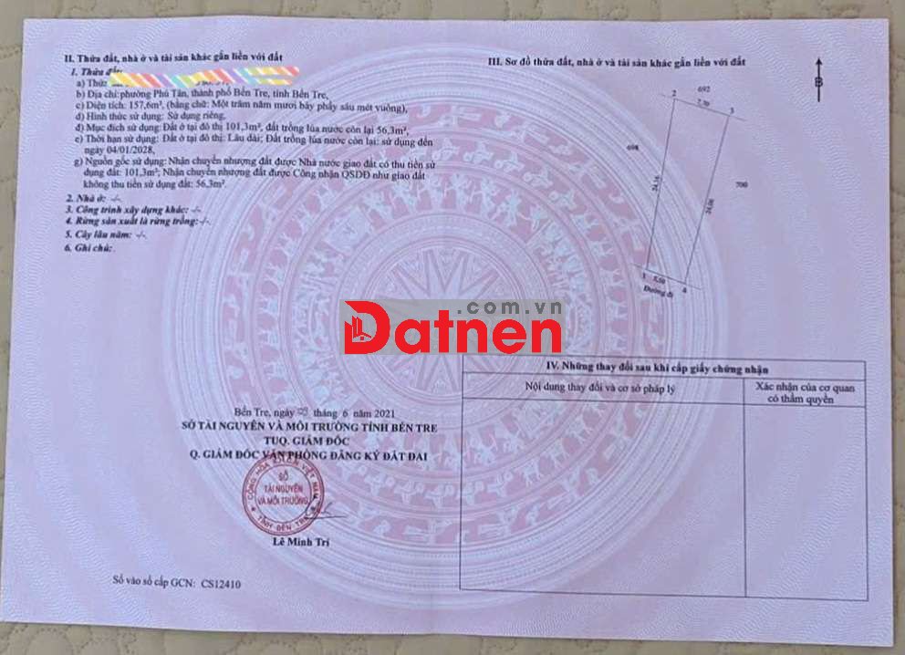 Mặt tiền hẻm Phú Tân TP Bến Tre 159 m2