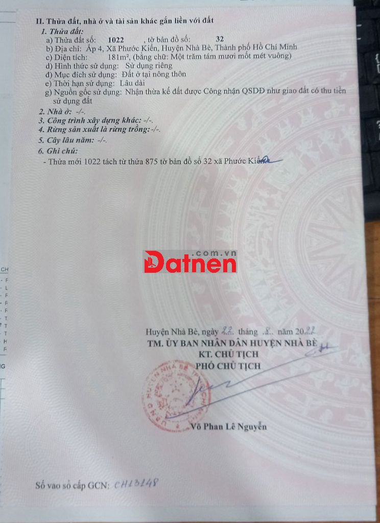 181m2 full thổ cư đường Phạm Hữu Lầu, Nhà Bè, mặt hẻm chính