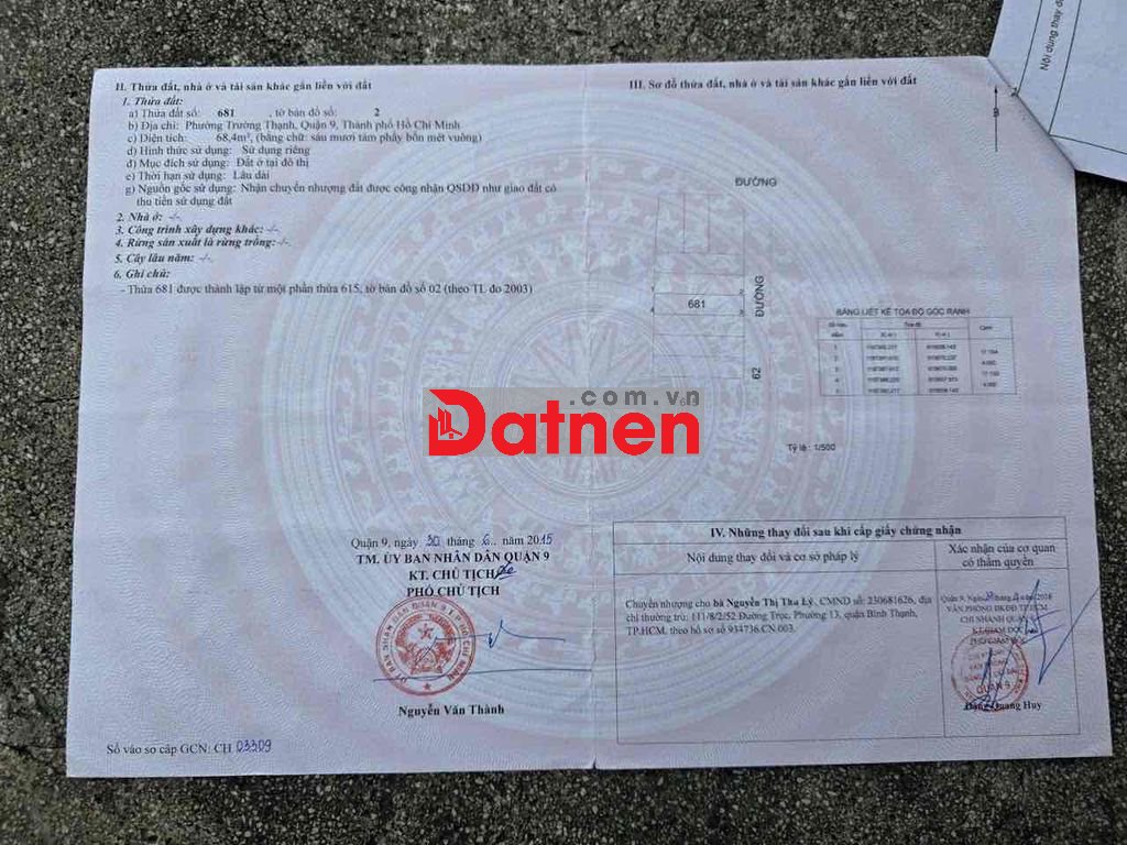 Bán lô đất hẻm 47 Đường Lò Lu, Trường ThạnhDT: 68m2, Giá bán 5.5 Tỷ Tl