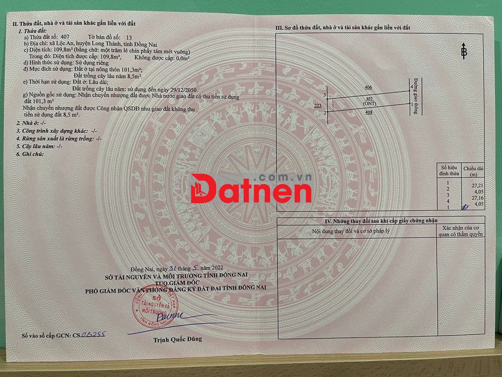 Đất sổ đỏ 109,8m2 tại xã Lộc An (cũ), cách DT 769 chưa đến 500m