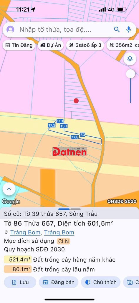 Đất đã có sổ 601m vuông huyện Trảng Bom