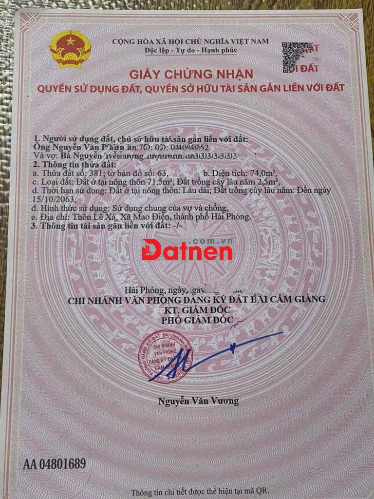 ĐẤT FULL THỔ CƯ, SỔ CHÍCH CHỦ tại Liên Xá, Cẩm Giàng Hải Dương