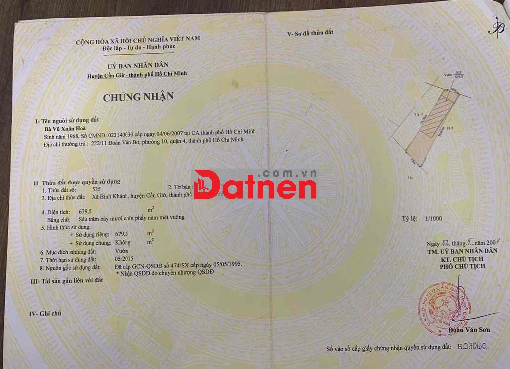 Bán lô đất 679.5m2 có 300 thổ cư liền kề đường Rừng Sác