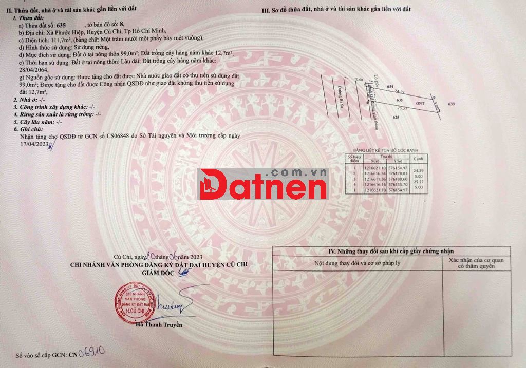 Bán đất SHR thổ cư 5x24m Giá 1tỷ280 mặt tiền đường Ba Sa xã Phước Hiệp