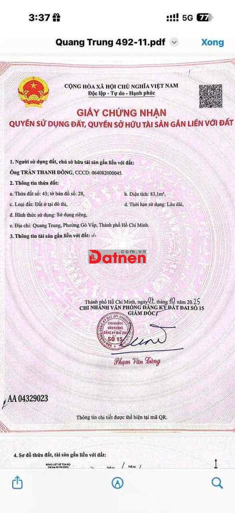 BÁN LÔ ĐẤT ĐẸP VỊ TRÍ 492/11 QUANG TRUNG, PHƯỜNG 10, QUẬN GÒ VẤP CŨ