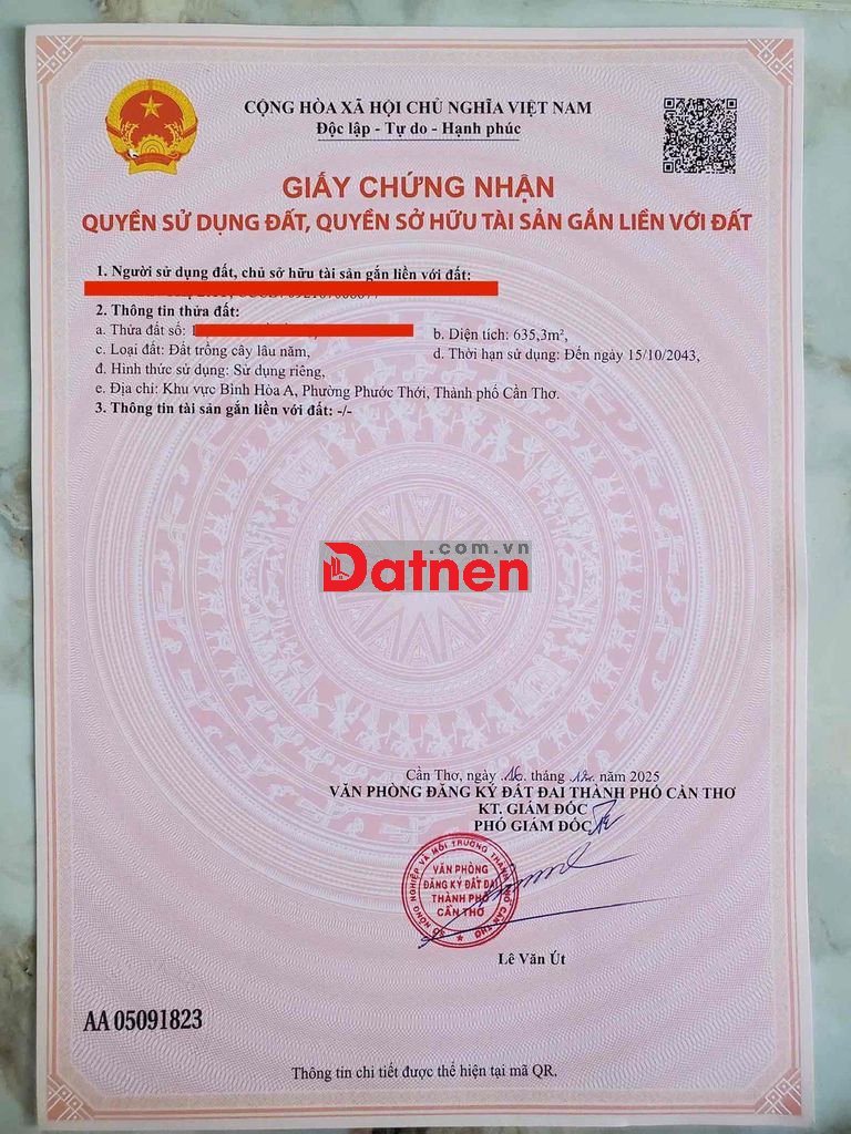 Đất sổ đỏ 635m2 Ô Môn Cần Thơ