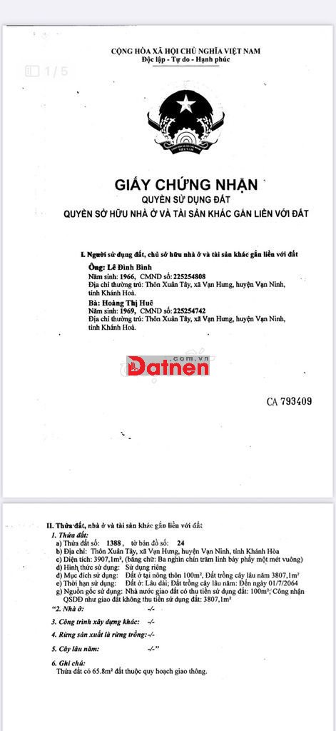 Bán gấp đất Thôn Xuân Tây, xã Vạn Hưng , huyện Vạn Ninh , Khánh Hoà