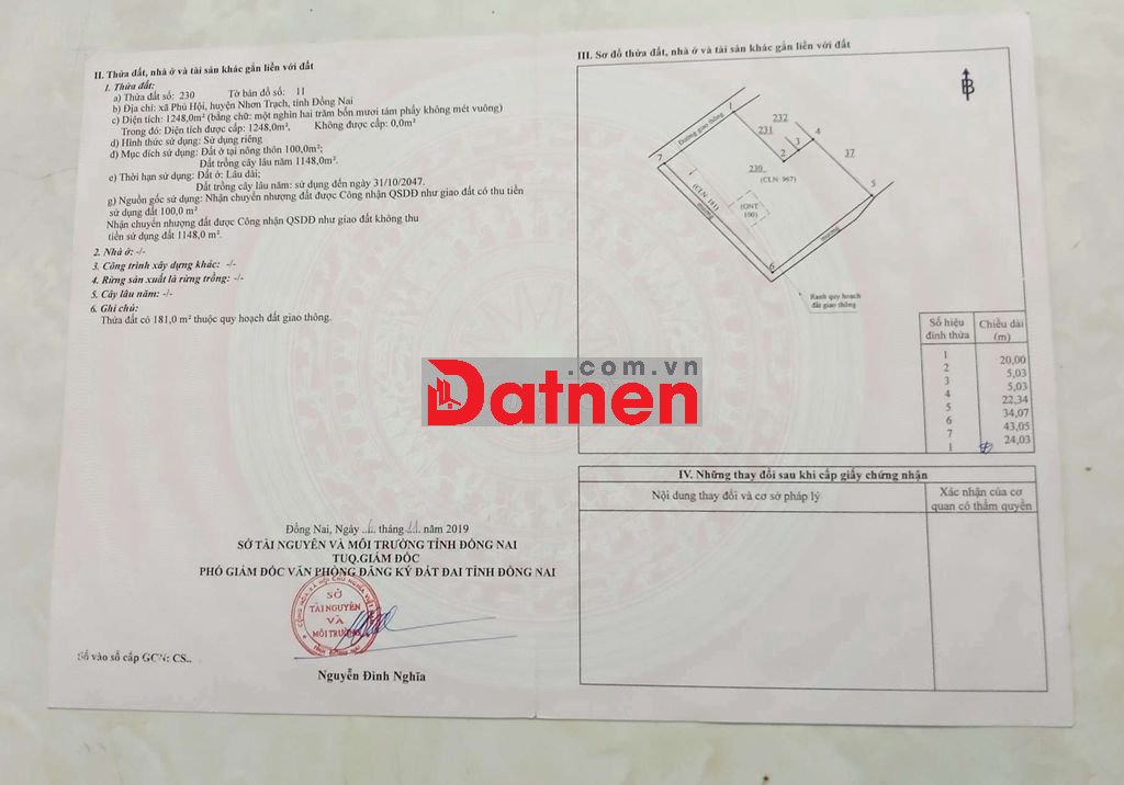 Đất Nền Chính Chủ Nhơn Trạch Đồng Nai 1.248m2 Phun 100m2 Thổ Cư