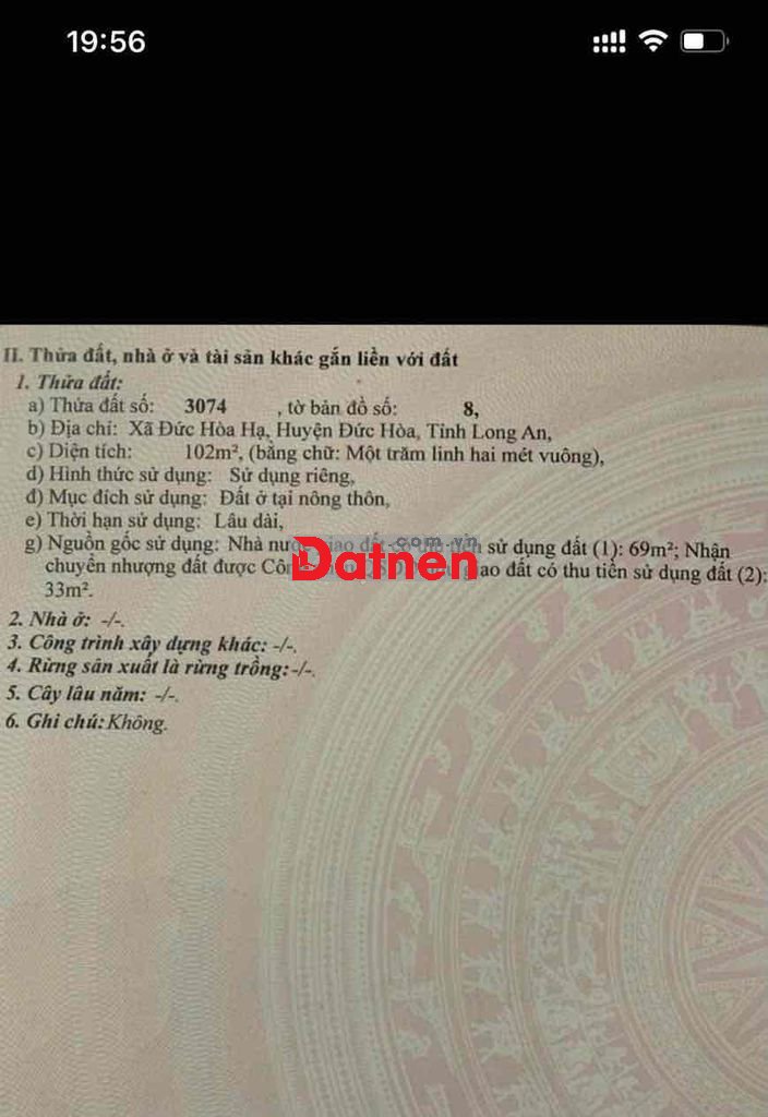 Đất Long An Chính Chủ cần bán DT 102m2 Gần Khu Công Nghiệp, trên bản