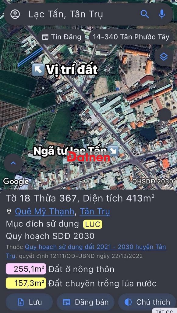 Bán đất mặt tiền trung tâm ngã 4 Lạc Tấn ( Long An)