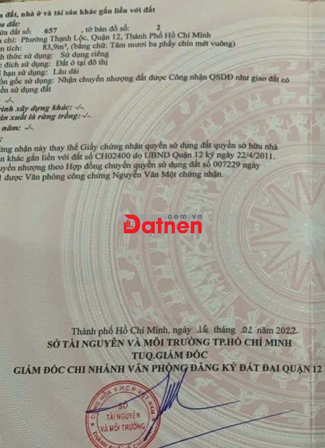 Chính chủ bán lô đất TL54 (P.Thạnh Lộc, Q12 cũ), full thổ cư 5mx17m