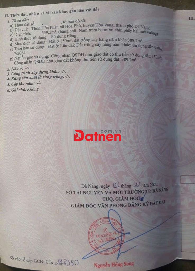 Đất xây nhà vườn gần cánh đồng 539m2 có 150m2 đất ở ngang rộng