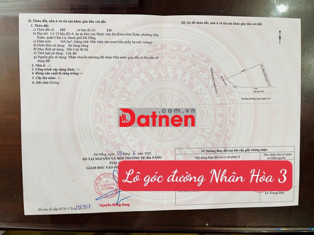 Chính chủ bán đất lô góc 2 mặt tiền đường 5,5m Nhân Hòa 3 - Hòa Xuân