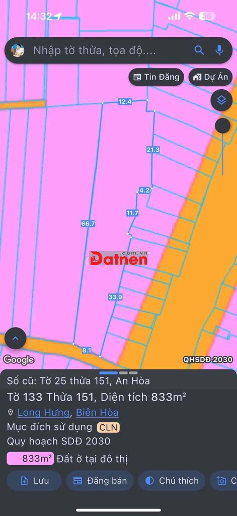 💥 Bán lô đất Sào siêu đẹp phường An Hoà. 833m2 mặt tiền đường thông