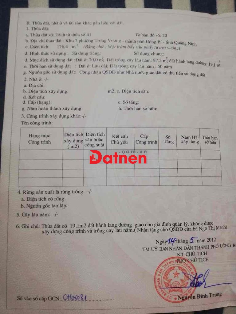 BÁN ĐẤT KHU 7 – TRUNG VƯƠNG – UÔNG BÍ, QUẢNG NINH Cần bán lô đất vị t