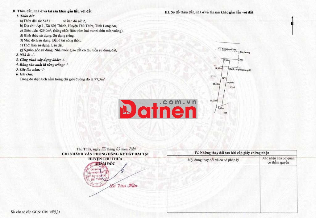 đất mặt tiền đường 818 nhị thành thủ thừa