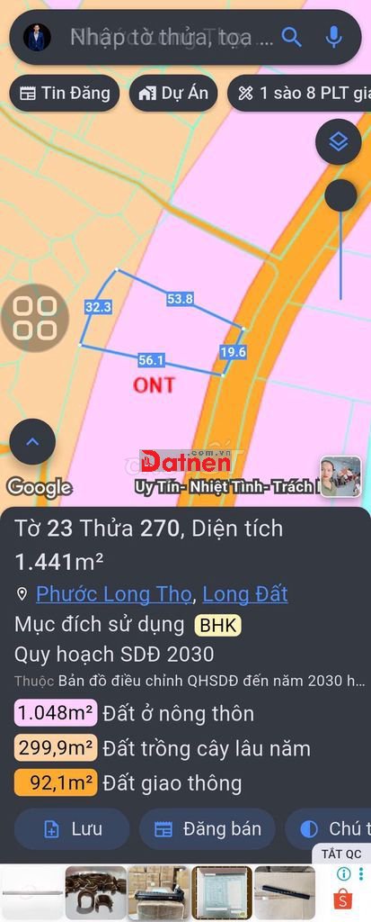 Bán đất đường Phạm Hùng gần cổng 2 kcn Đất Đỏ. Dt 1441m2 20m mt