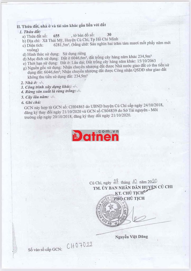 Cần bán 6281m2 đất thổ cư, xã Thái Mỹ, Huyện Củ Chi, TP HCM