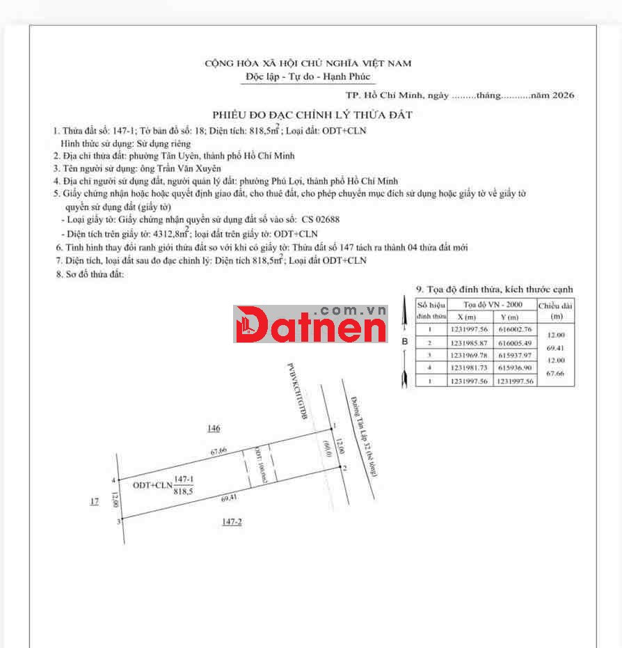 Bán 818m2 đất CLN, có 100m2 TC, Tân Lập, Bắc Tân Uyên, Bình Dương