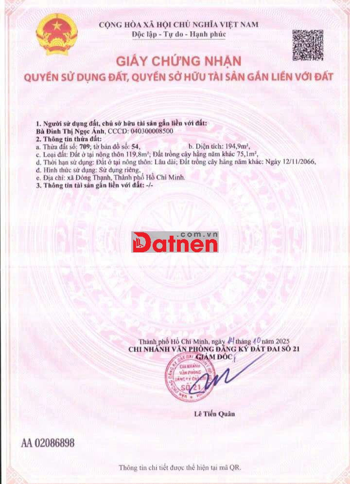 ĐẤT GÓC 2 MẶT TIỀN ĐÔNG THẠNH 1. DT: 195m2, SHR,CHỈ 4.3 TỶ,OTO TẬN NƠI