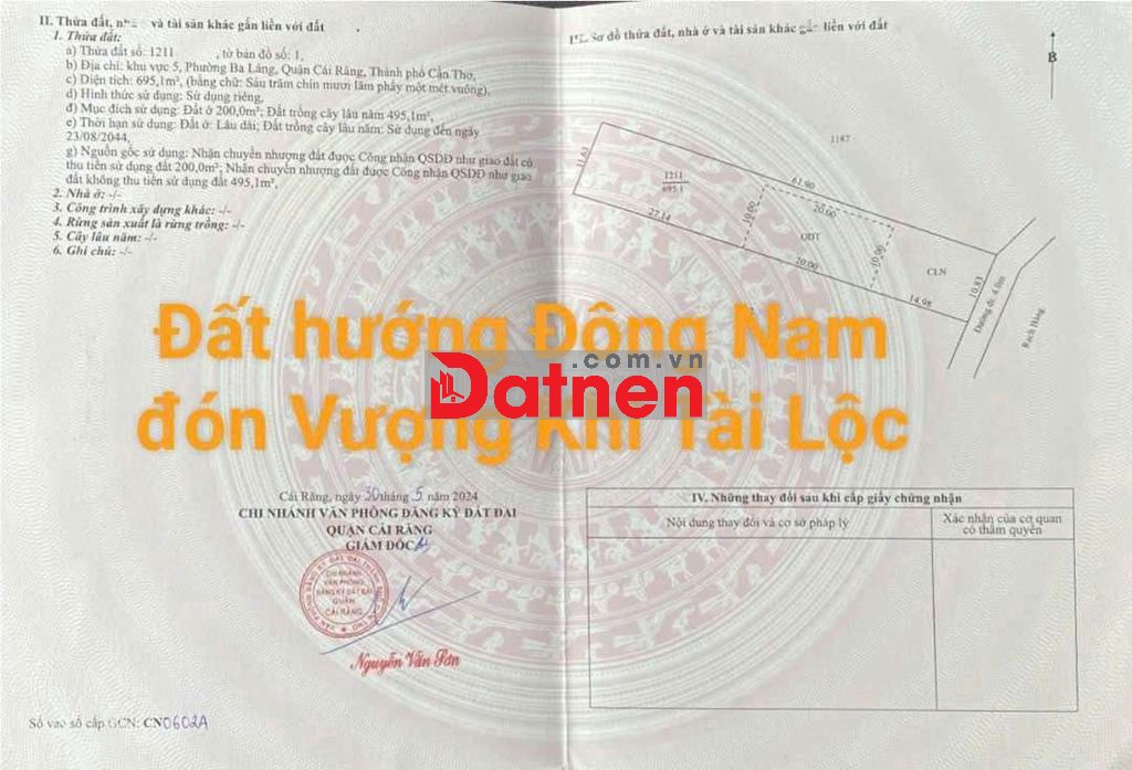 ĐẤT NỀN BIỆT THỰ VƯỜN VIEW SÔNG, LỘ ÔTÔ -GẦN QL61C, CÁI RĂNG, CẦN THƠ