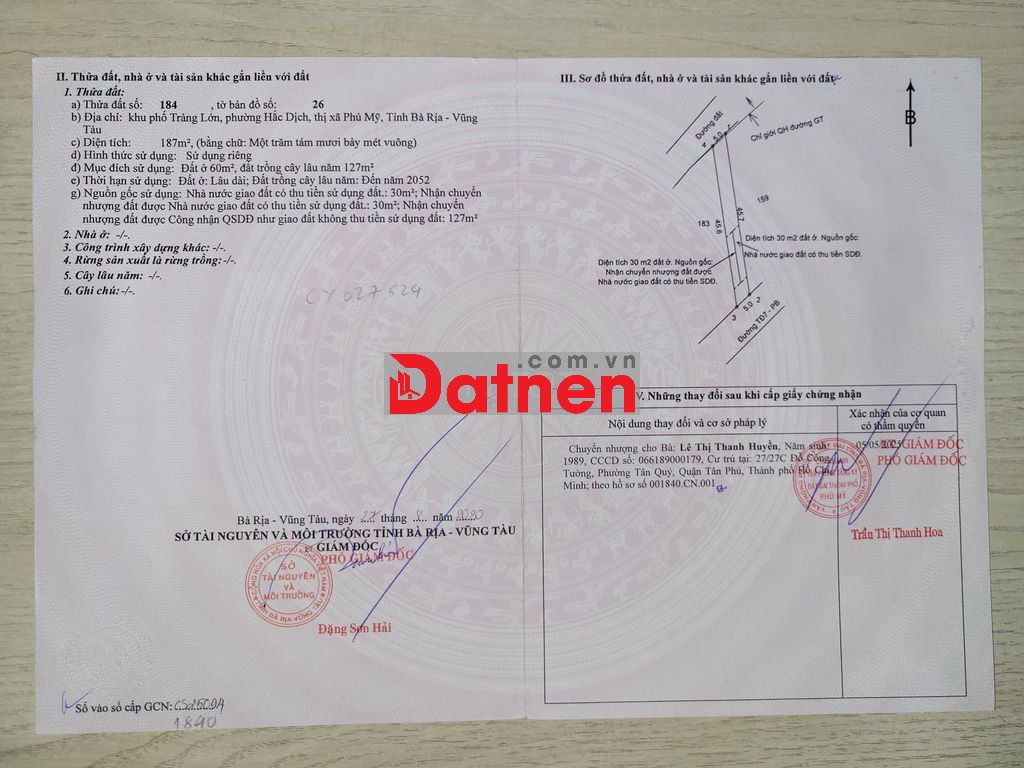 Bán đất Hắc Dịch, TP Phú Mỹ gần KCN, 186,6m2, giá 1.050.000.000 vnd