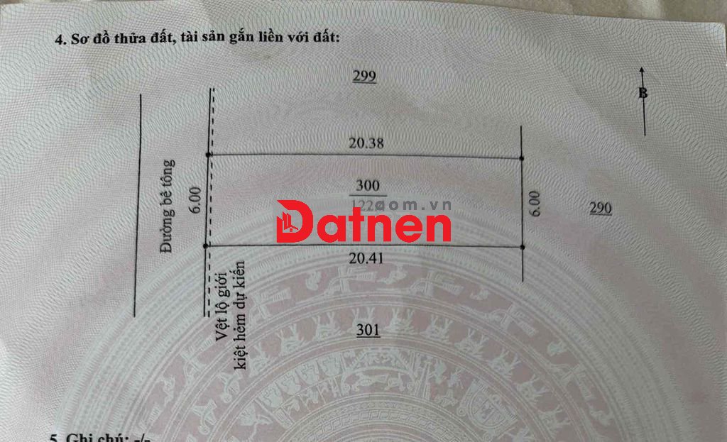 Đất Nam Thành vuông vức 122m, ngang 6m, đường betong 5m