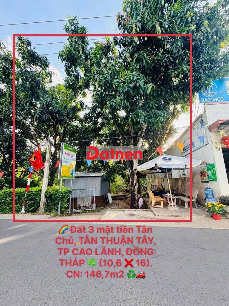 Bán miếng đất 3 mặt tiền (10,6x16) Tân Chủ, Tân Thuận Tây, Cao Lãnh ĐT