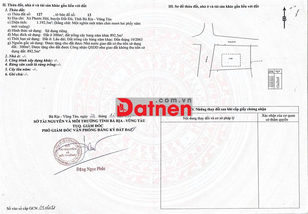 BÁN GẤP LÔ ĐẤT NHÀ VƯỜN 2 MẶT TIỀN NGAY TRUNG TÂM XÃ PHƯỚC HỘI BRVT