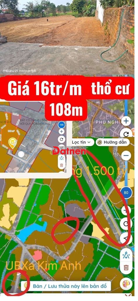 Giá quanh 16tr/m full thổ cư ngay gần đường lớn, đường 1.500 ty, UB xã