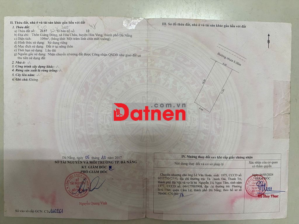 Cần Bán Đất Lô Đất Tại Thôn Quang Châu-Phường Hòa Xuân TPĐN