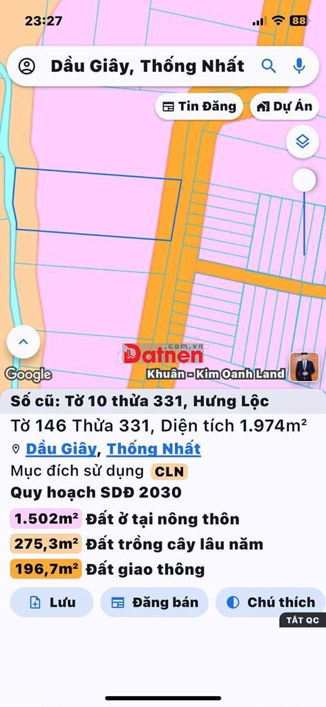 Bán 1974m² đất Dầu Giây – Mặt tiền đường nhựa, gần KCN