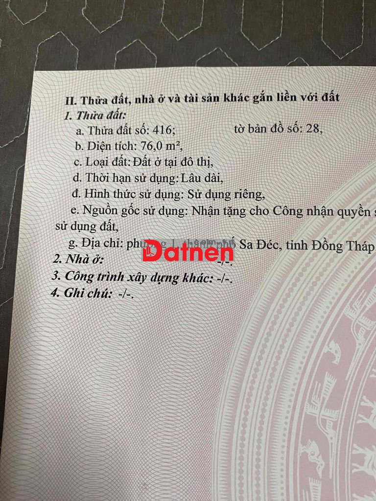 Bán đất thổ mặt tiền đường NTT TP Sa Đéc