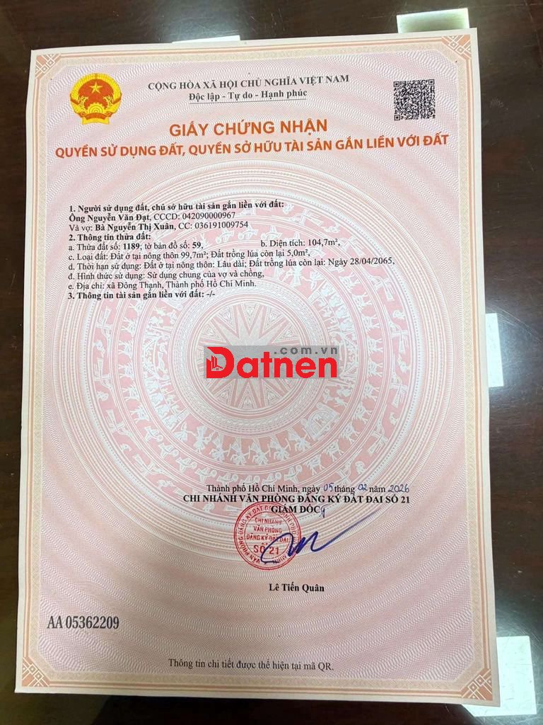 ĐẤT ĐƯỜNG ĐÔNG THẠNH 4, DT:104m2 THỔ CƯ, SỔ HỒNG RIÊNG, CHỈ 3.6 TỶ
