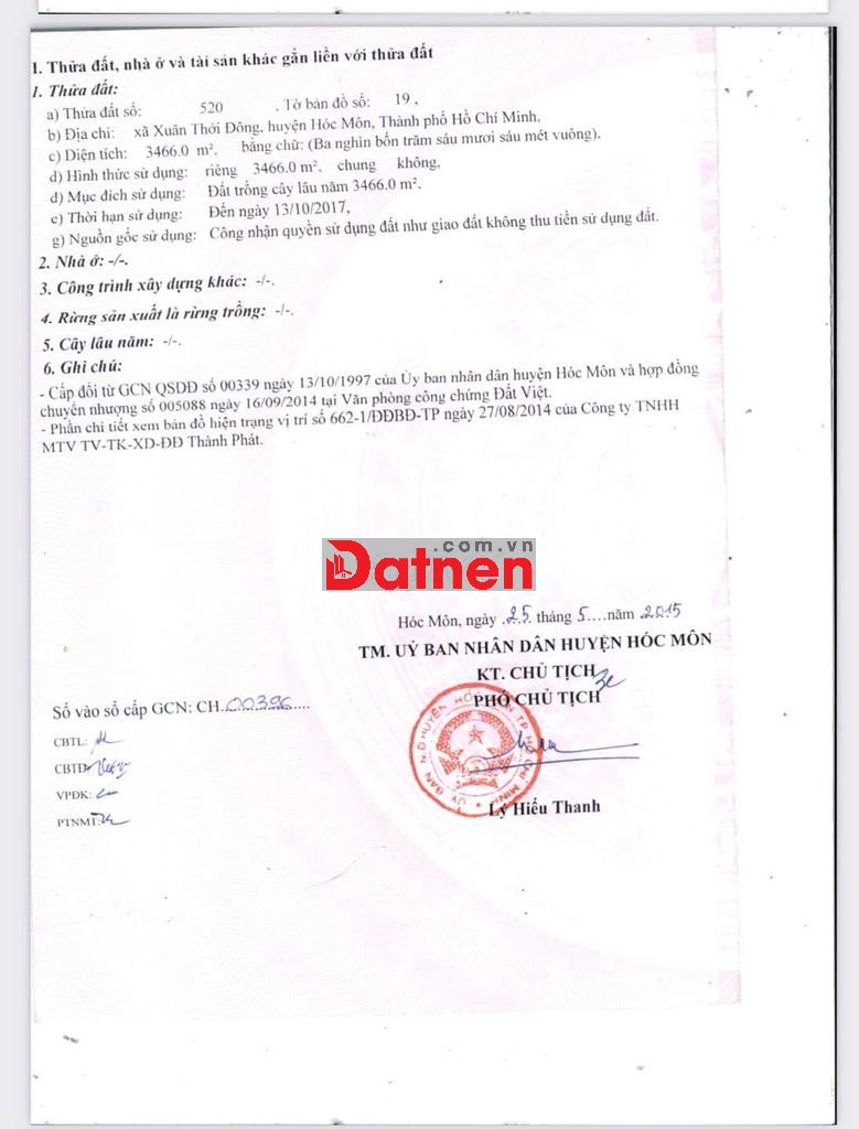Bán đất đường Nguyễn Thị Chuối,Hóc Môn dt:3466m2 giá:21,5 tỷ