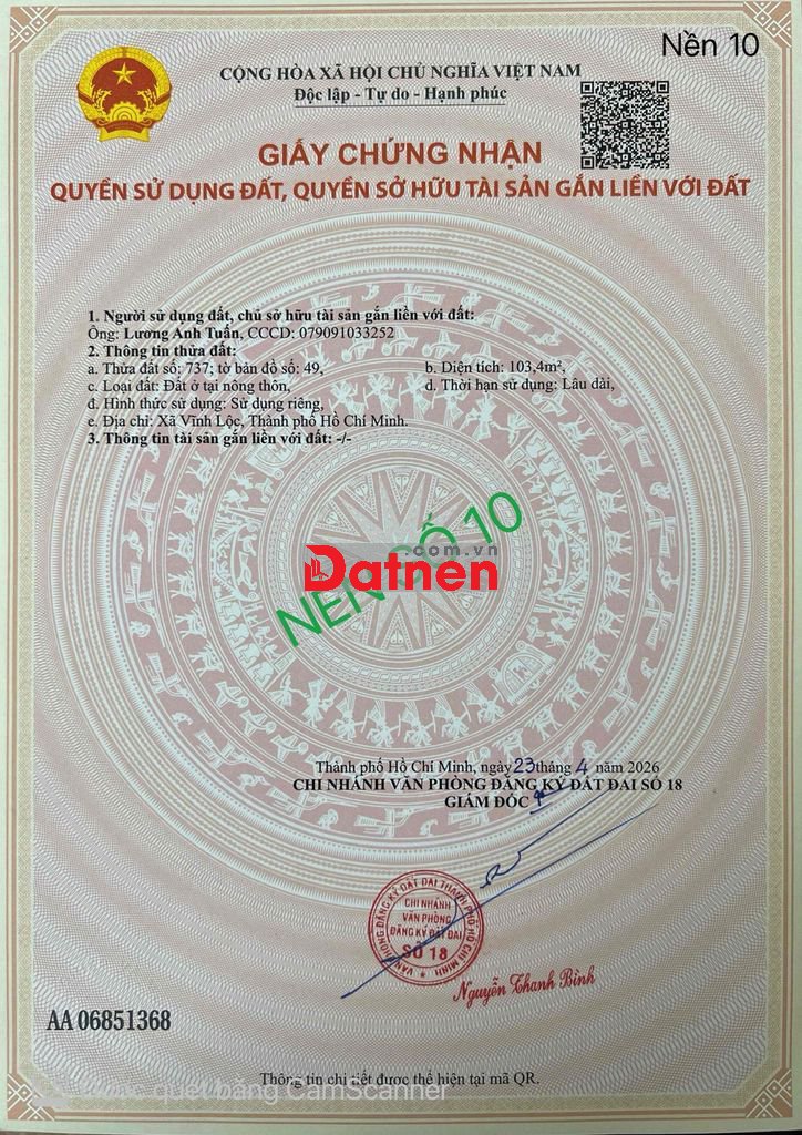 Bán lô đất 103,4m2 full thổ cư đường nhựa 6m giá 4,05tỷ