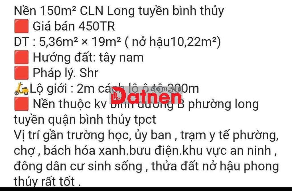 150m2 đất CLN - chính chủ - cách ubnd phường Long tuyền TPCT 800m