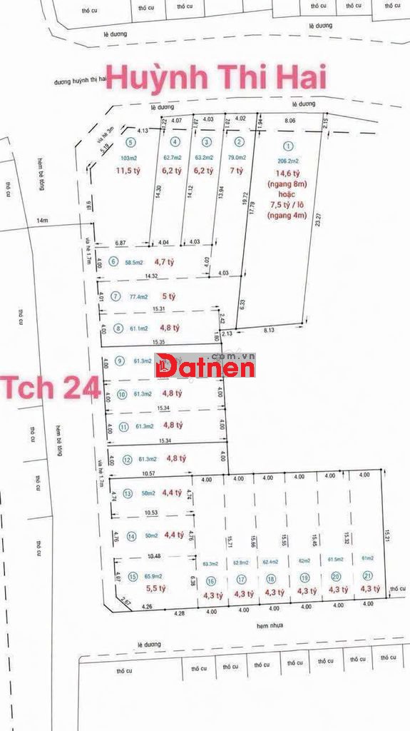 Đất 4 x 15,60m. Hẻm nhựa ôtô tránh đường Huỳnh Thị Hai
