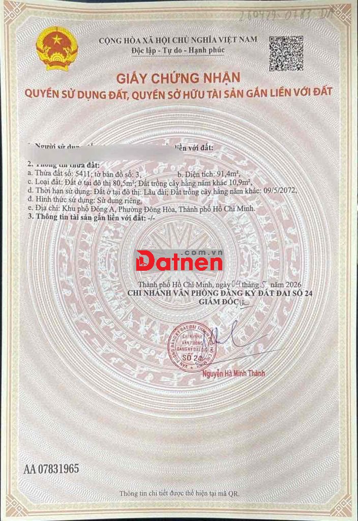 Chính chủ cần bán gấp 91,4m2 đường nhựa gần làng đại học Đông Hoà, HCM