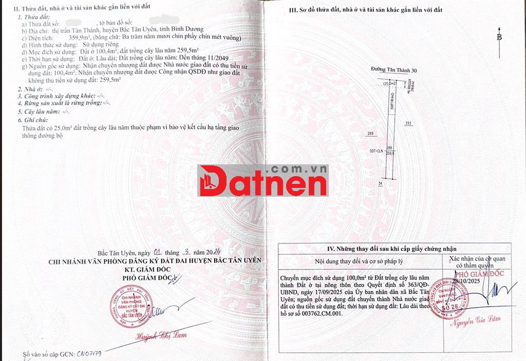 CHÍNH CHỦ BÁN ĐẤT TÂN THÀNH 30 (359.9m² – GIÁ TỐT – GẦN KCN)