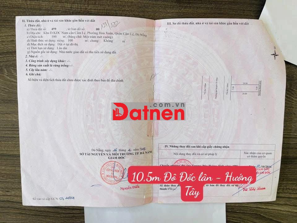 Chính chủ bán đất đường 10,5m Đô Đốc Lân - Hòa Xuân - Hướng Tây